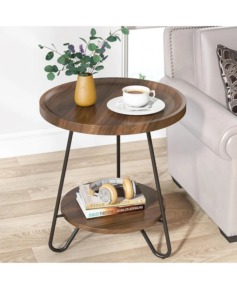 Tribesigns Round Side Table, 2-Tier End Table with Metal Legs, Modern Industrial Beside Table, Small Accent Table Snack Table for Living Room, Bedroom