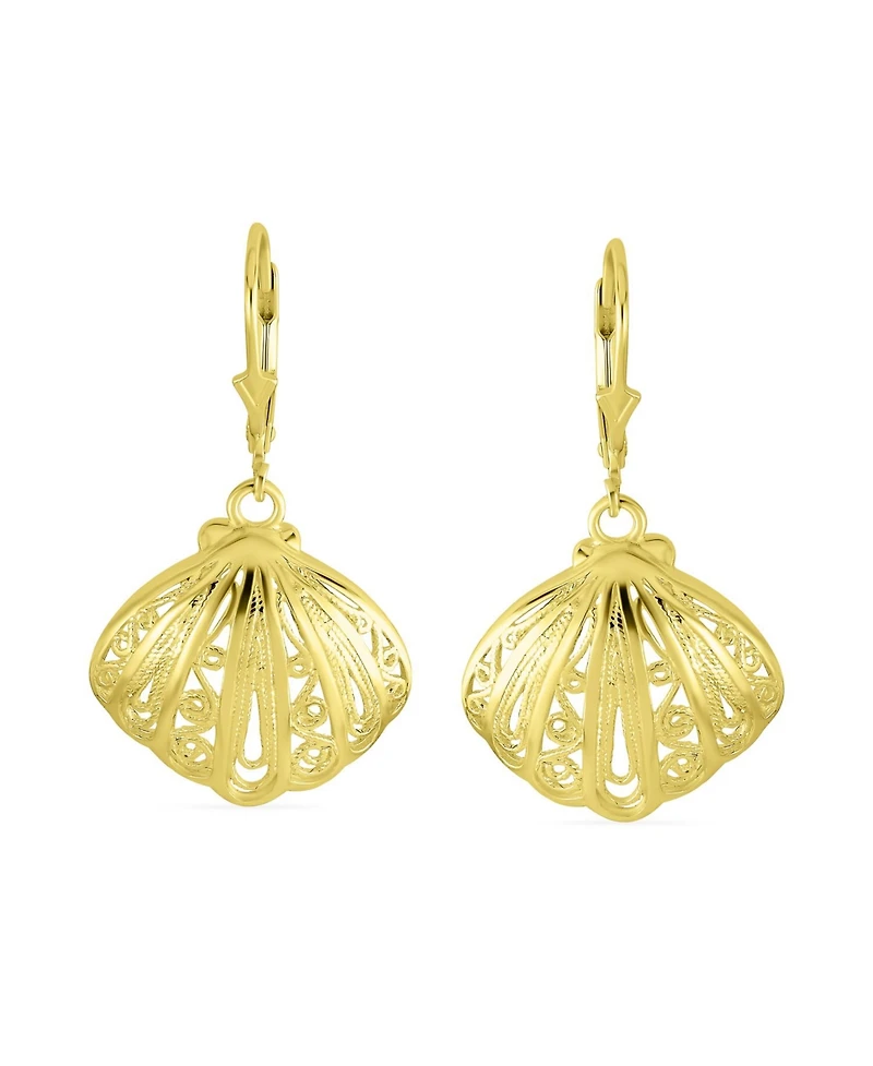 Bling Jewelry Hawaiian Seaside Seashell Dangle Stud Earrings Gold Plated Sterling Silver Lever Back