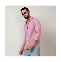 Men's Salmon Pink Self-Design Striped Shirt