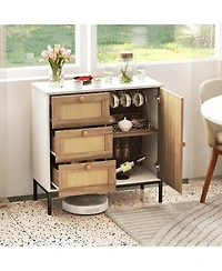 Rattan Sideboard Buffet Cabinet with 1 Door and 3 Drawers