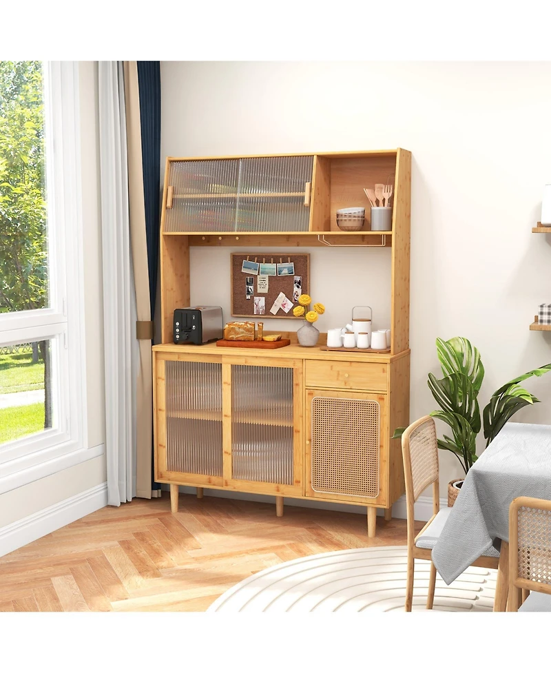 Givimo 69 Inch Wine Bar Kitchen Cabinet with Sliding Tempered Glass and Rattan Door