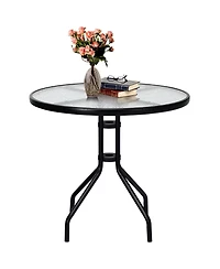 Sugift 32 Inch Outdoor Patio Round Tempered Glass Top Table with Umbrella Hole