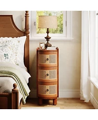 Tribesigns 3-Drawer Rattan End Table, Solid Wood Sofa Side Table, Slim Nightstand, Finished Back, No Assembly, Walnut & Oak