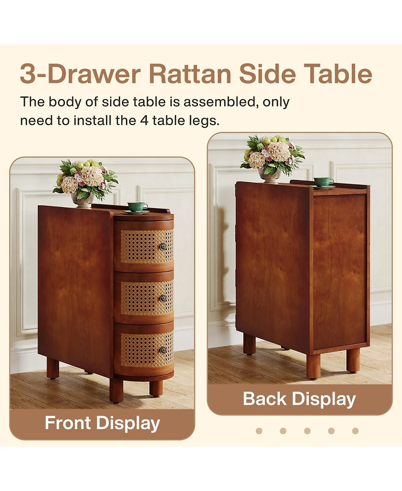 Tribesigns 3-Drawer Rattan End Table, Solid Wood Sofa Side Table, Slim Nightstand, Finished Back, No Assembly, Walnut & Oak