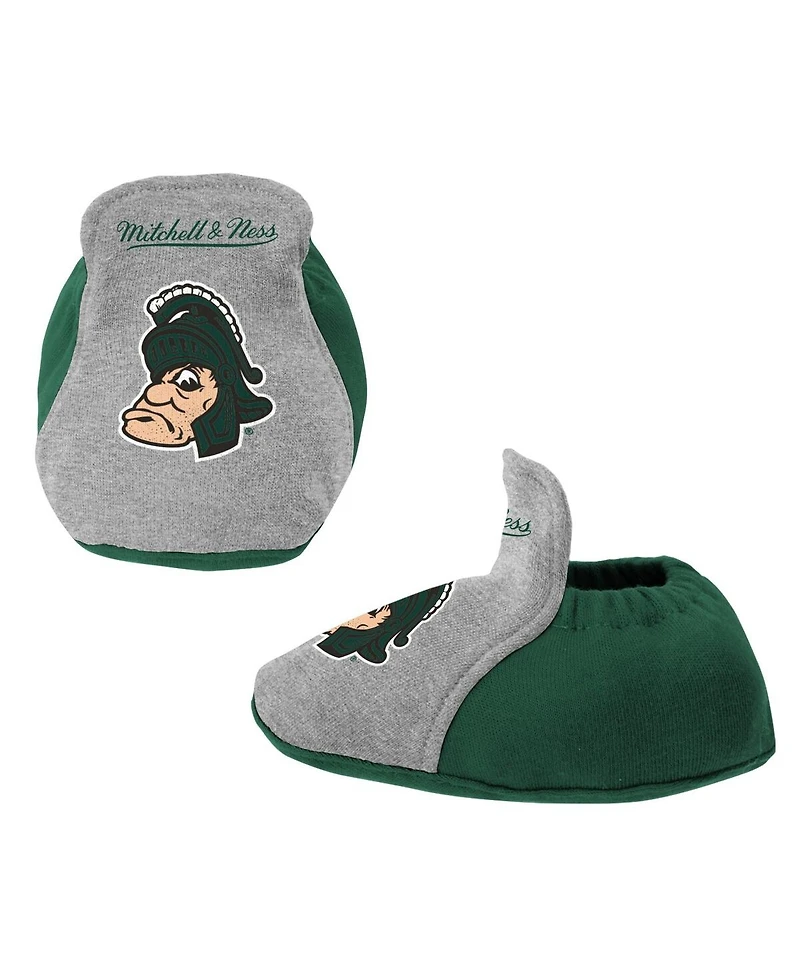 Mitchell & Ness Baby Boys and Girls Green/Heather Gray Michigan State Spartans 3-Pack Bodysuit, Bib Bootie Set
