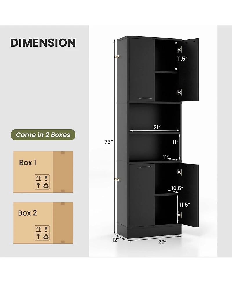 Costway 75" Tall Bathroom Storage Cabinet with 4 Doors & 2 Open Compartments Freestanding