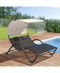Outdoor Double Chaise Lounge Chair with Sunshade Canopy & Headrest Pillows