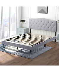 Queen Size Upholstered Platform Bed Linen Bed Frame with Button Tufted Headboard