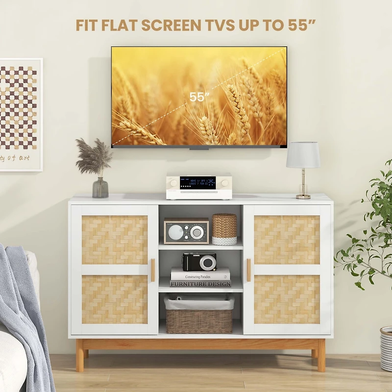 Costway 48" Sideboard Buffet Cabinet with 2 Bamboo Woven Doors 3 Open Shelves for Kitchen