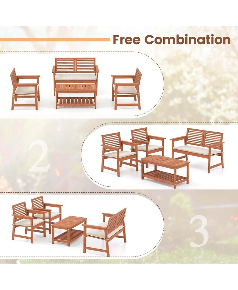 4 Pcs Patio Conversation Set with Soft Seat Cushions 2-Tier Rectangle Coffee Table