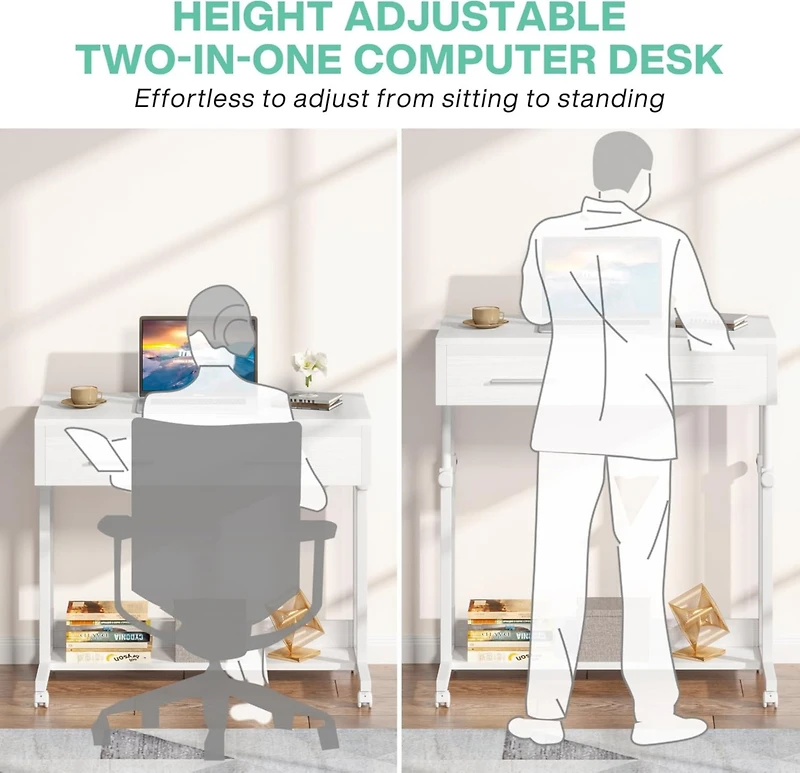 Tribesigns Portable Desk with Drawers, Mobile Laptop Desk with Wheels, Couch Desk Sofa Side Table Bed Desk, Small Standing Desk for Home Office
