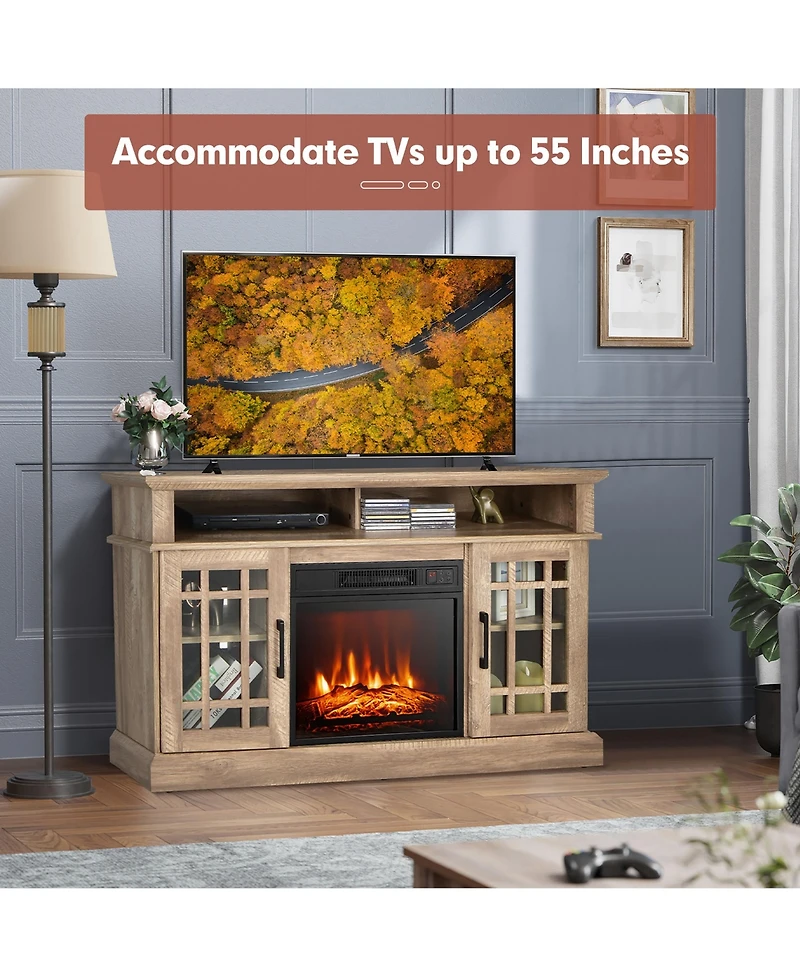 Gymax 48'' Tv Stand Console Cabinet w/ Fireplace Entertainment Center For Living Room Natural