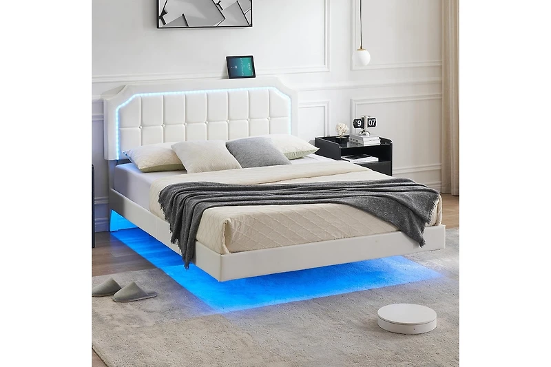 gaomon Floating Bed Frame King Size with Rgb Led Lights, Upholstered Platform King Bed with Adjustable Headboard, Button Tafted Headboard No Box Sprin