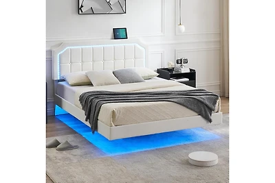gaomon Floating Bed Frame King Size with Rgb Led Lights, Upholstered Platform King Bed with Adjustable Headboard, Button Tafted Headboard No Box Sprin