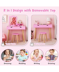 Costway Kid Vanity Table Chair Set with Mirror Large Storage Drawers Wooden Legs