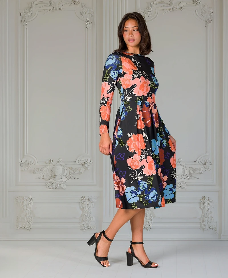 24seven Comfort Apparel Women's Black Floral Midi Length Long Sleeve Pocket Dress