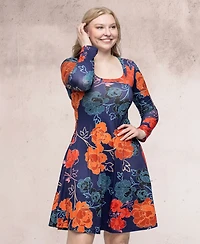 24seven Comfort Apparel Women's Navy Floral Print Long Sleeve Knee Length Dress