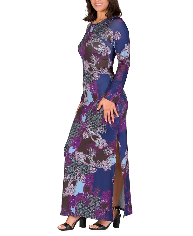 24seven Comfort Apparel Women's Purple Paisley Long Sleeve Side Slit Fitted Maxi Dress