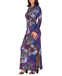 24seven Comfort Apparel Women's Purple Paisley Long Sleeve Side Slit Fitted Maxi Dress