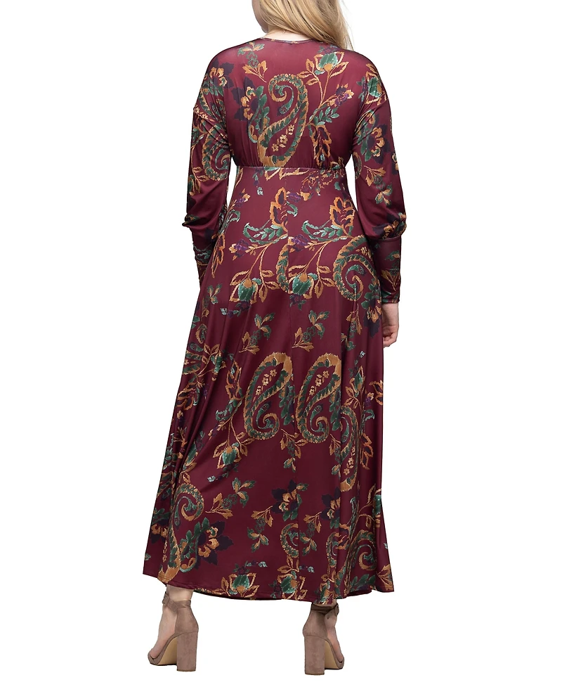 24seven Comfort Apparel Women's Wine Paisley Print Sleeve A Line Maxi Dress