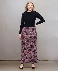 24seven Comfort Apparel Women's Paisley Print Fold Over Waist Maxi Skirt