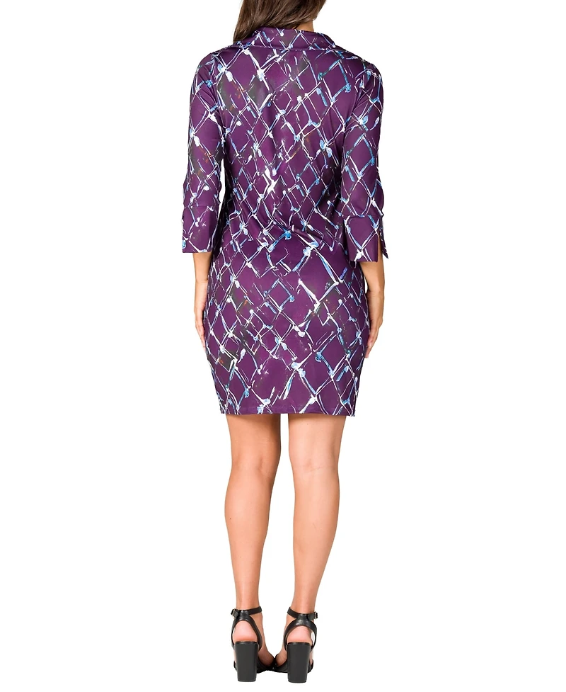 24seven Comfort Apparel Women's Purple Print Three Quarter Sleeve Mini Dress