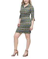 24seven Comfort Apparel Women's Green Print Three Quarter Sleeve Mini Dress