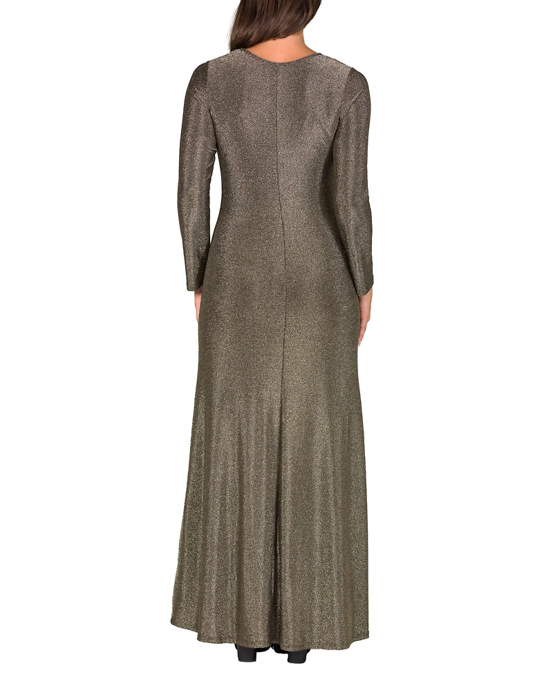24seven Comfort Apparel Women's Long Sleeve Scoop Neck Shimmery Fabric Maxi Dress
