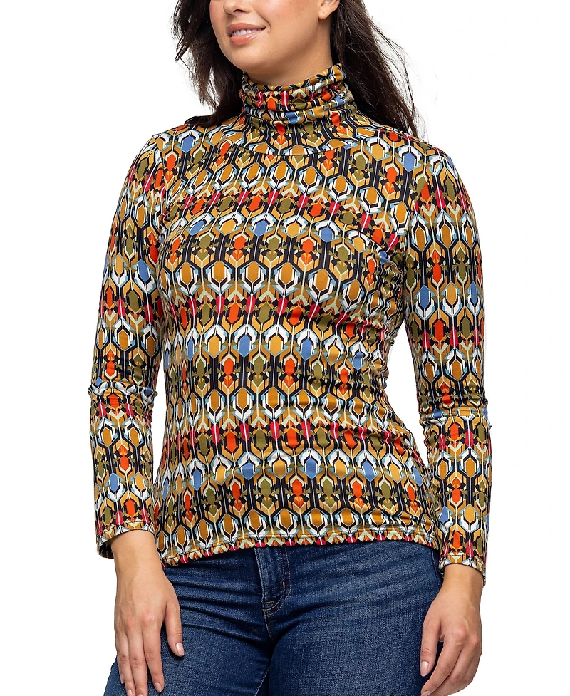 24seven Comfort Apparel Women's Multicolor Geo Pring Long Sleeve Turtleneck Top