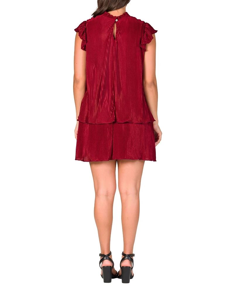 24seven Comfort Apparel Women's Ruffle Cap Sleeve High Neck Pleated Mini Dress