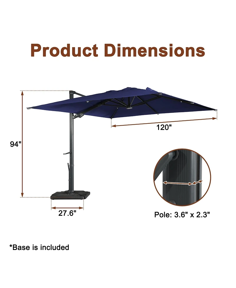 Boyel Living 10 ft. 360 B0; Rotation Square Cantilever Patio Umbrella with Base and Led Light