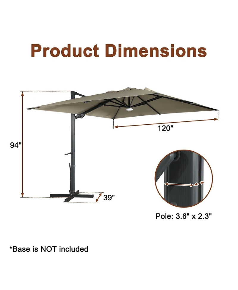 Boyel Living 10 ft. 360° Rotation Square Cantilever Patio Umbrella with Base and Bt