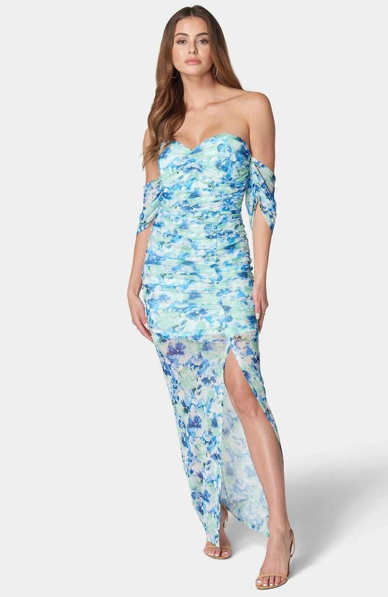 Bebe Women's Printed Off Shoulder Mesh Dress