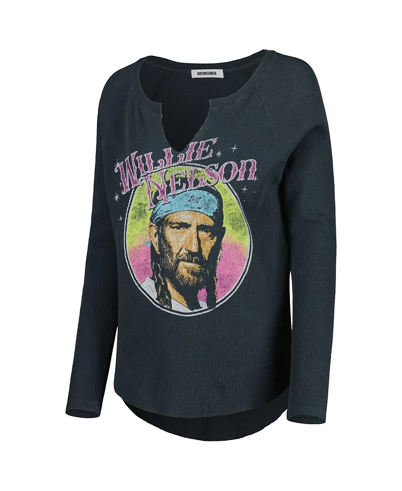 Daydreamer Women's Black Willie Nelson Graphic Raglan Long Sleeve Notch Neck Thermal Shirt