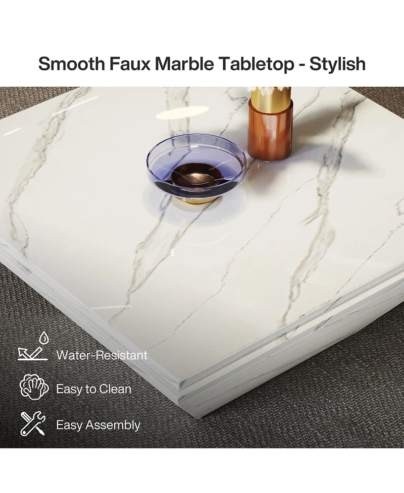 Tribesigns Coffee Table, 35.43-Inch Square Coffee Table with Faux Marble Tabletop, Modern Center Table for Living Room, White