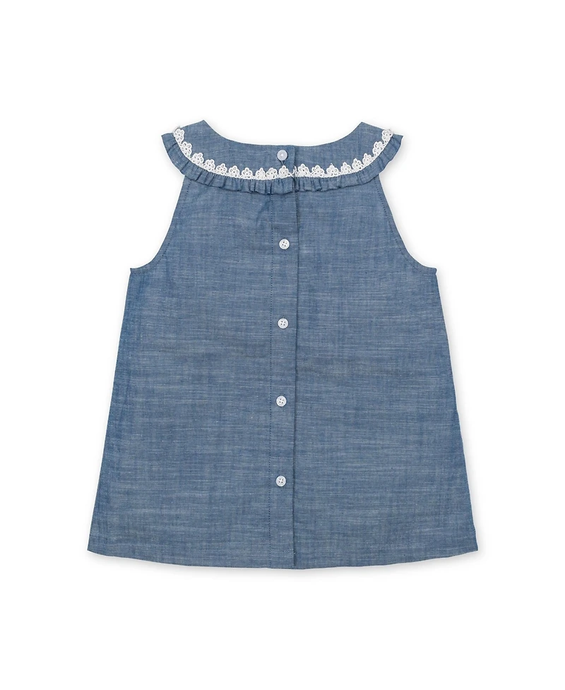 Hope & Henry Toddler Girls Sleeveless Ruffle Collar Chambray Button Back Top