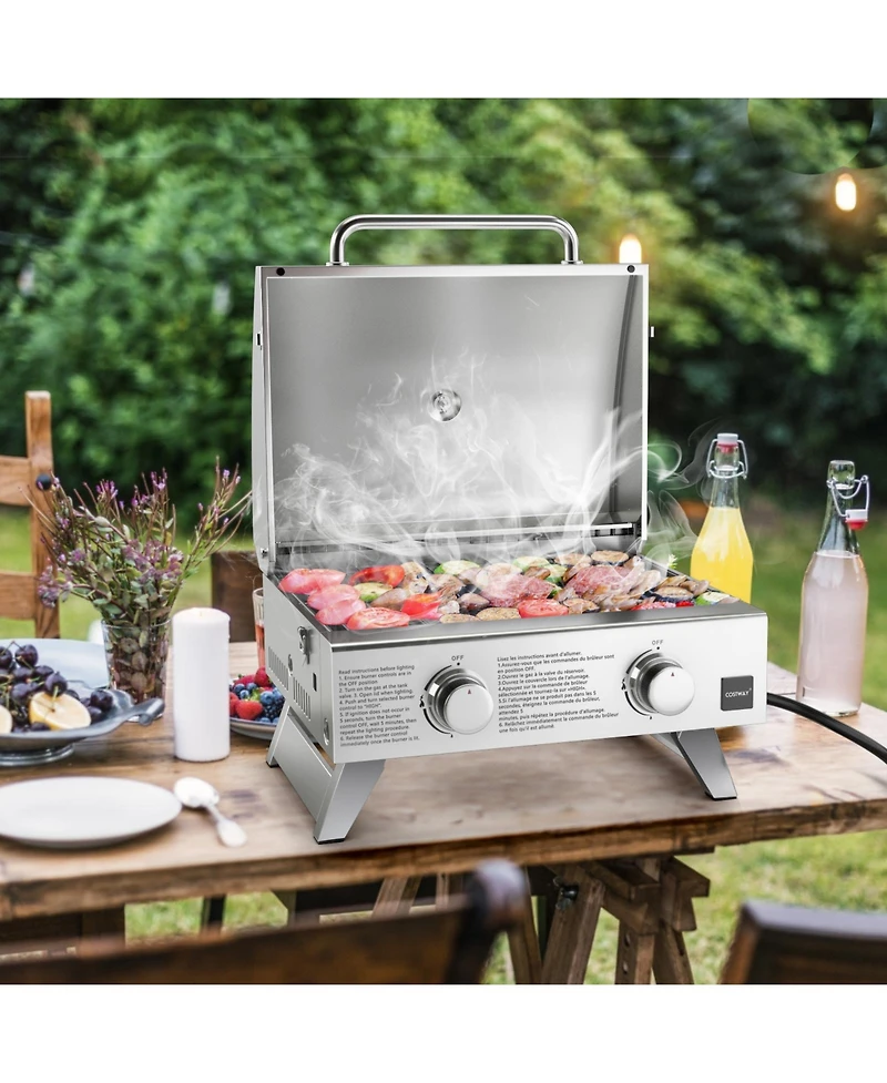 Slickblue Stainless Steel Propane Grill with Lid for Outdoor Camping Tailgating Picnic Party-Silver