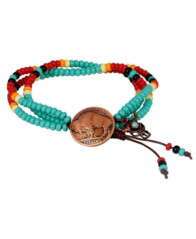 American Coin Treasures 16325 Buffalo Nickel Coin Leather Multi Strand Czech Bead Bracelet