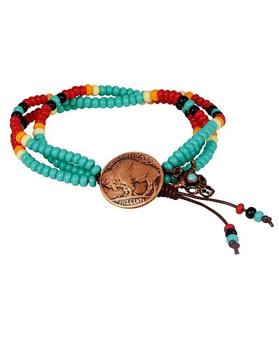 American Coin Treasures 16325 Buffalo Nickel Coin Leather Multi Strand Czech Bead Bracelet