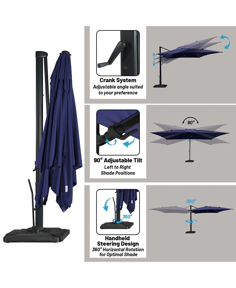 Boyel Living 10 ft. 360 B0; Rotation Square Cantilever Patio Umbrella with Base and Led Light