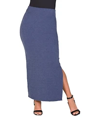 24seven Comfort Apparel Women's Ribbed Knit Side Slit Elastic Waist Maxi Skirt