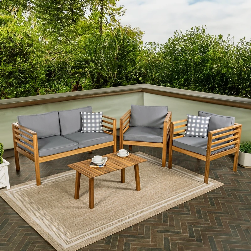 Jonathan Y Thom 4-Piece Mid-Century Modern Acacia Wood Outdoor Patio Set with Cushions and Plaid Decorative Pillows, Gray/Teak Brown