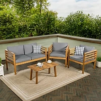 Jonathan Y Thom 4-Piece Mid-Century Modern Acacia Wood Outdoor Patio Set with Cushions and Plaid Decorative Pillows, Gray/Teak Brown