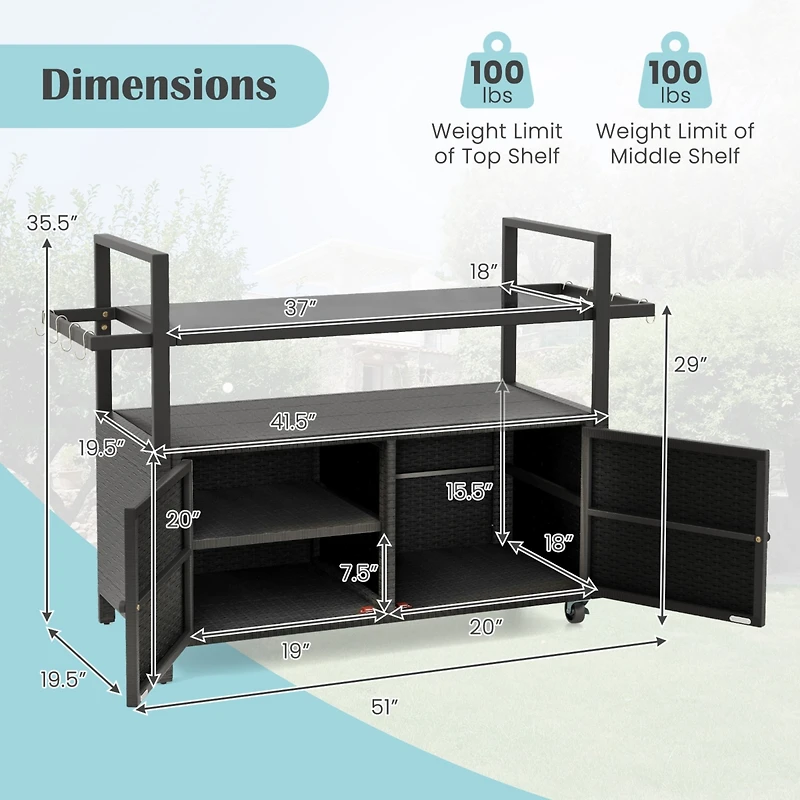 Outdoor Bar Cart with Tempered Glass Top Storage Cabinet & 8 Hooks for Porch