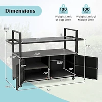 Outdoor Bar Cart with Tempered Glass Top Storage Cabinet & 8 Hooks for Porch