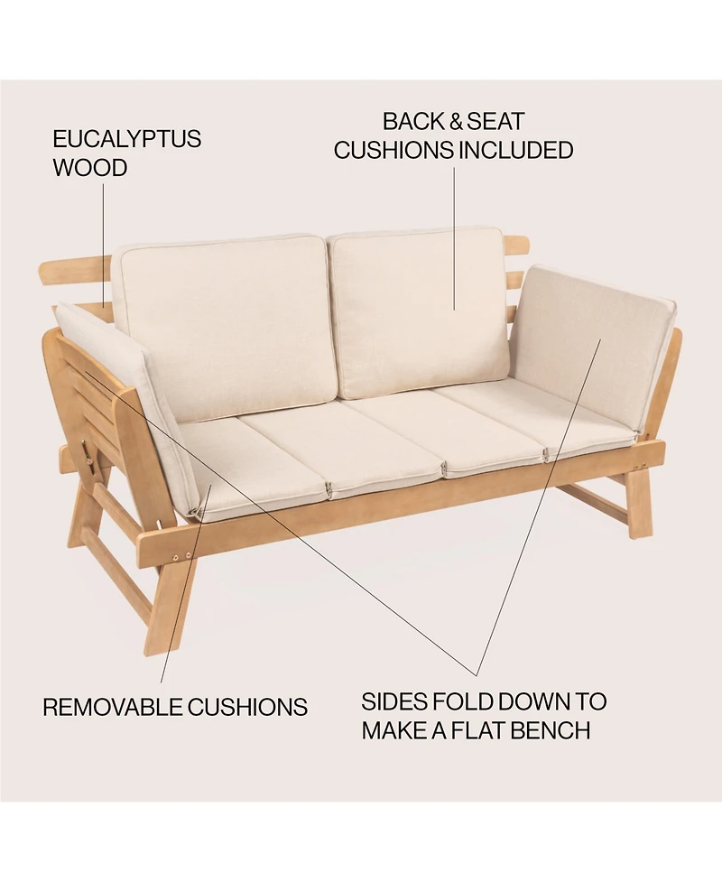 Jonathan Y Hartley 2-Seat Modern Scandinavian Folding Wood Outdoor Day Bed Sofa, Beige/Light Teak