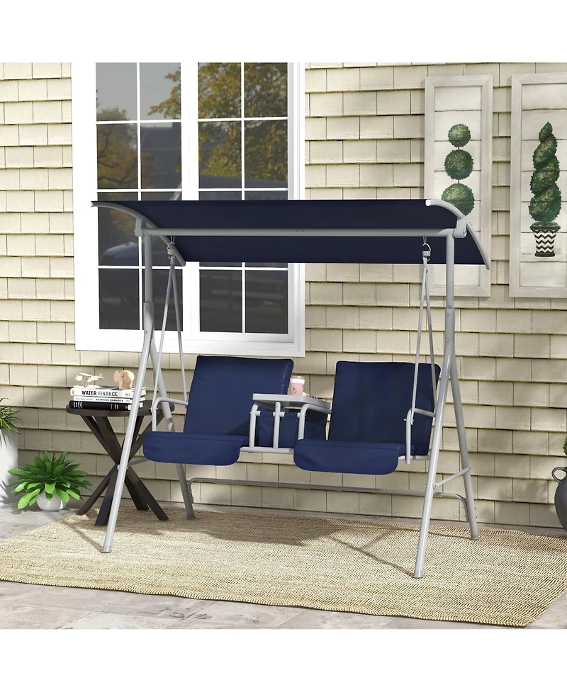 Outsunny 2 Person Porch Swing with Canopy, Table, Storage Console, Blue