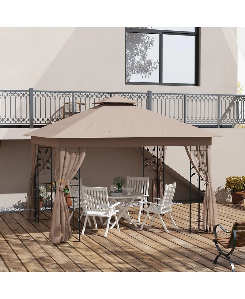 Outsunny 10' x Metal Patio Gazebo, Double Canopy, Tree Motifs,