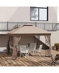 Outsunny 10' x Metal Patio Gazebo, Double Canopy, Tree Motifs,