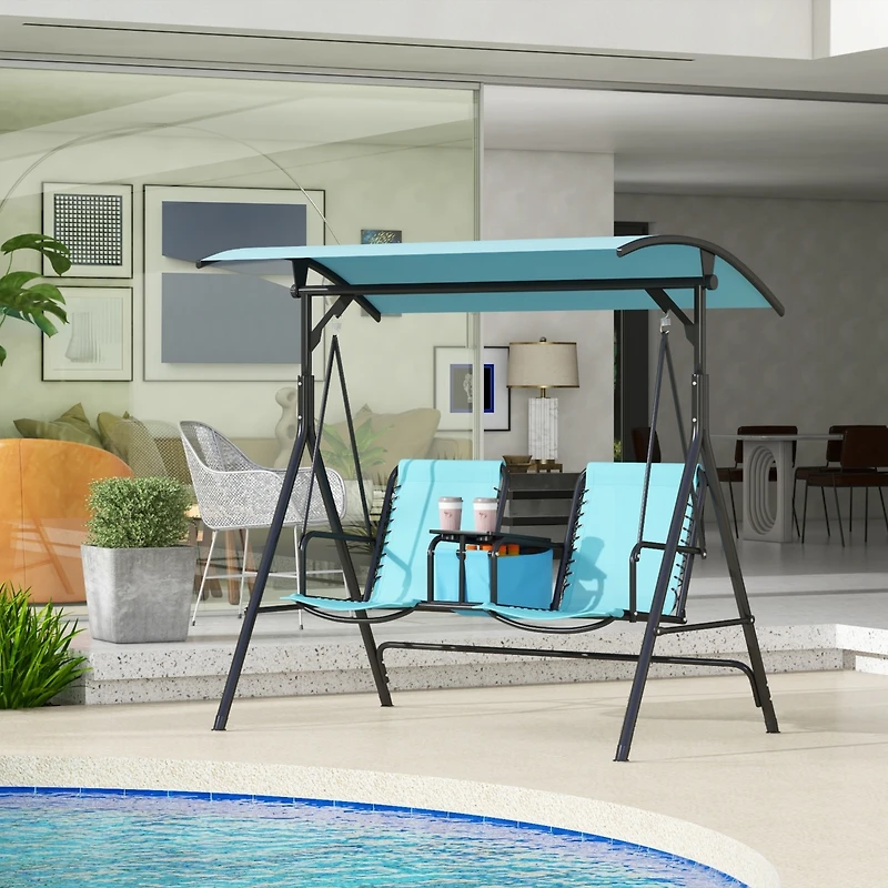 Outsunny 2 Person Porch Swing with Canopy, Storage Table, Cup Holder, Blue